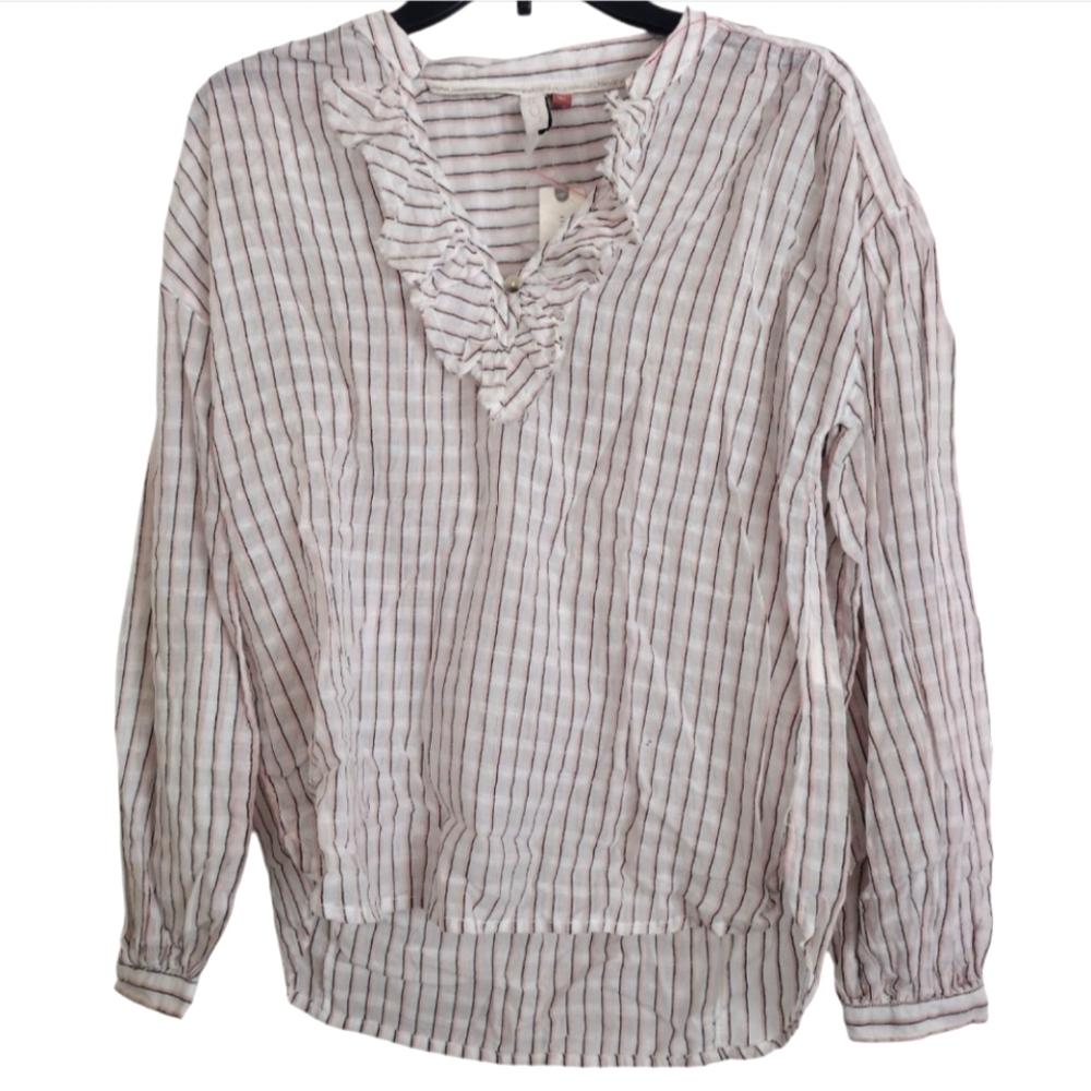 Pilcro Anthropologie NWT Striped White Ruffle Blouse Cotton Linen Size XXS